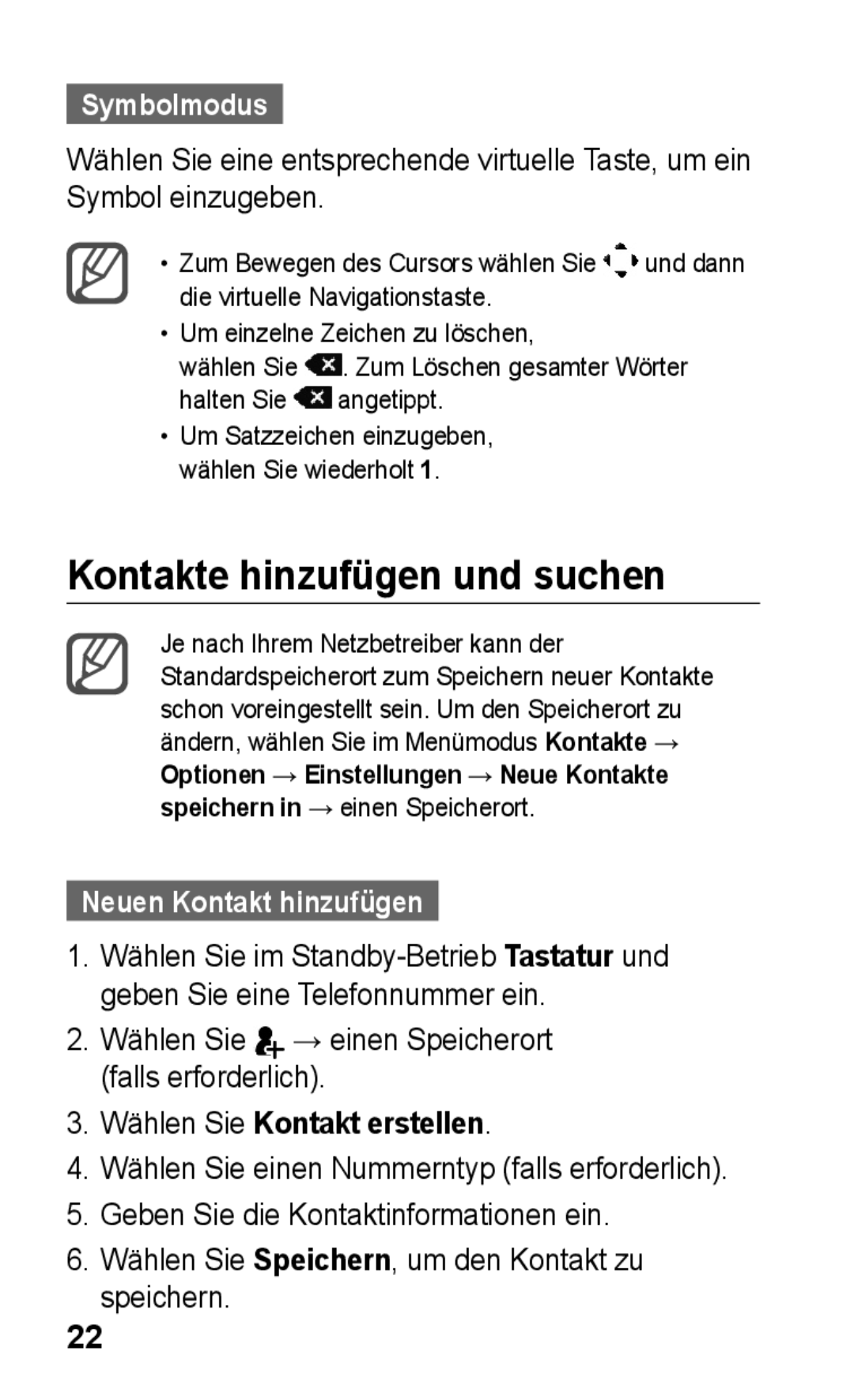 Samsung GT-C3300DKKVIT Kontakte hinzufügen und suchen, Symbolmodus, Neuen Kontakt hinzufügen, Wählen Sie Kontakt erstellen 