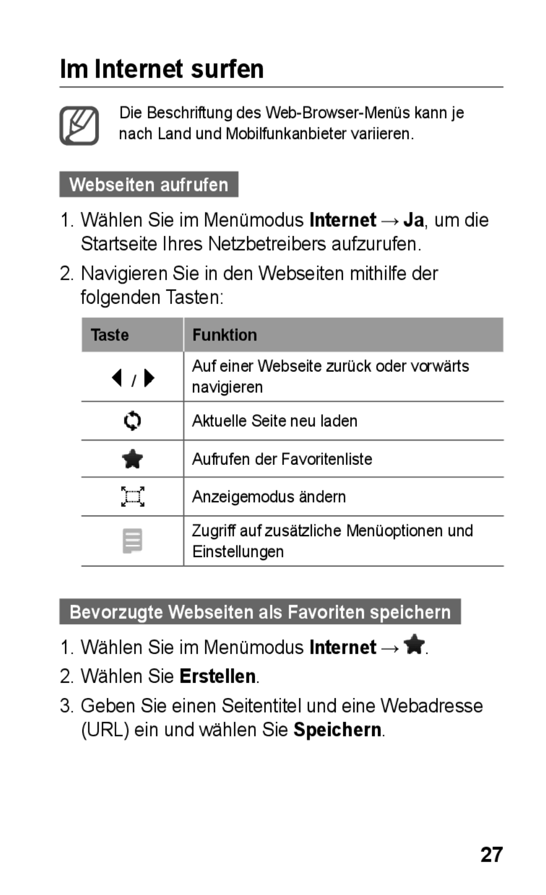 Samsung GT-C3300DKKVD2 Im Internet surfen, Webseiten aufrufen, Wählen Sie im Menümodus Internet → Wählen Sie Erstellen 