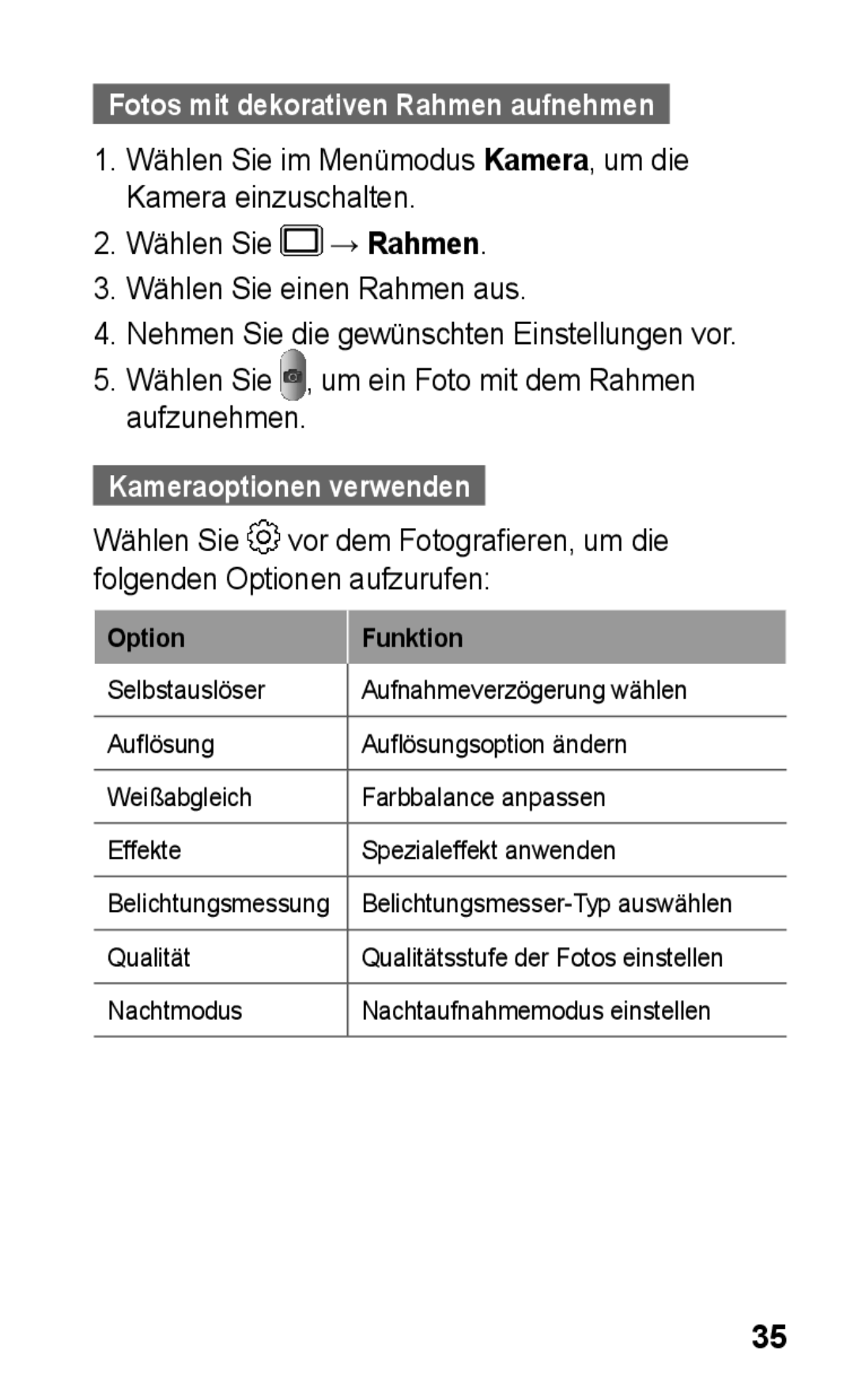 Samsung GT-C3300DKKVIT, GT-C3300DKKXEG, GT-C3300DKKVD2, GT-C3300DKKDBT manual Kameraoptionen verwenden, Option Funktion 