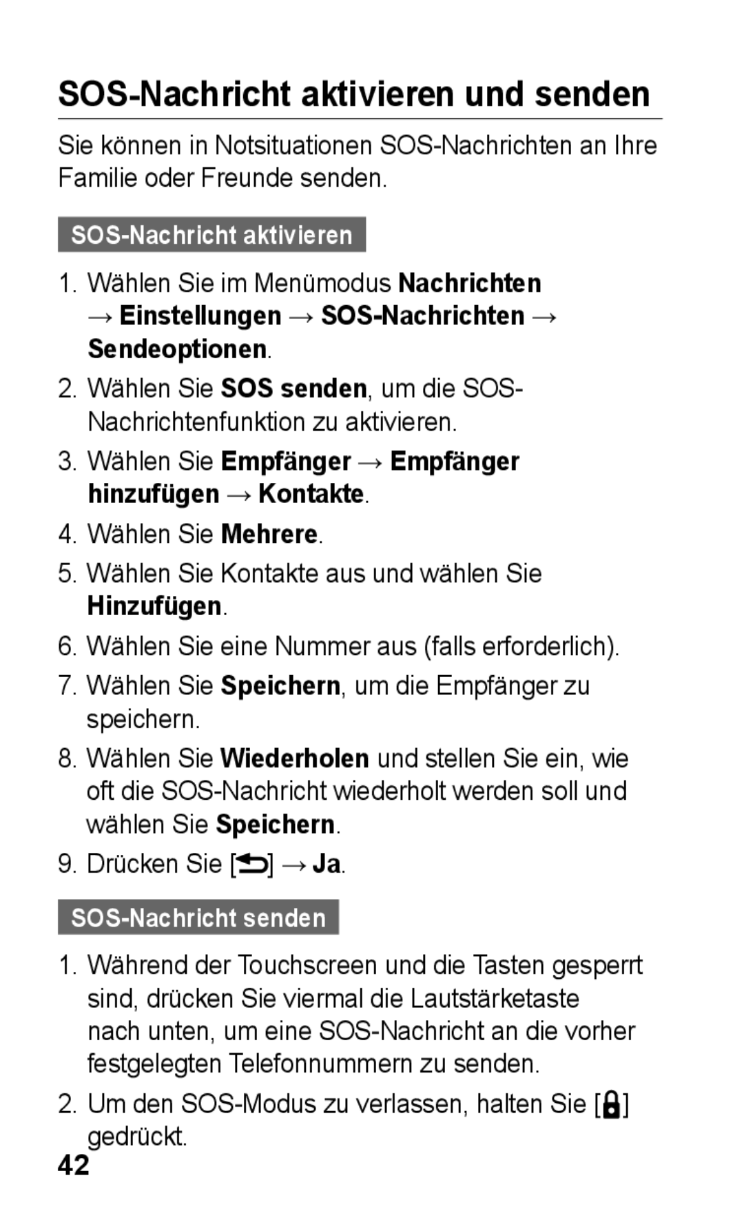 Samsung GT-C3300CIHDBT SOS-Nachricht aktivieren und senden, Wählen Sie im Menümodus Nachrichten, SOS-Nachricht senden 