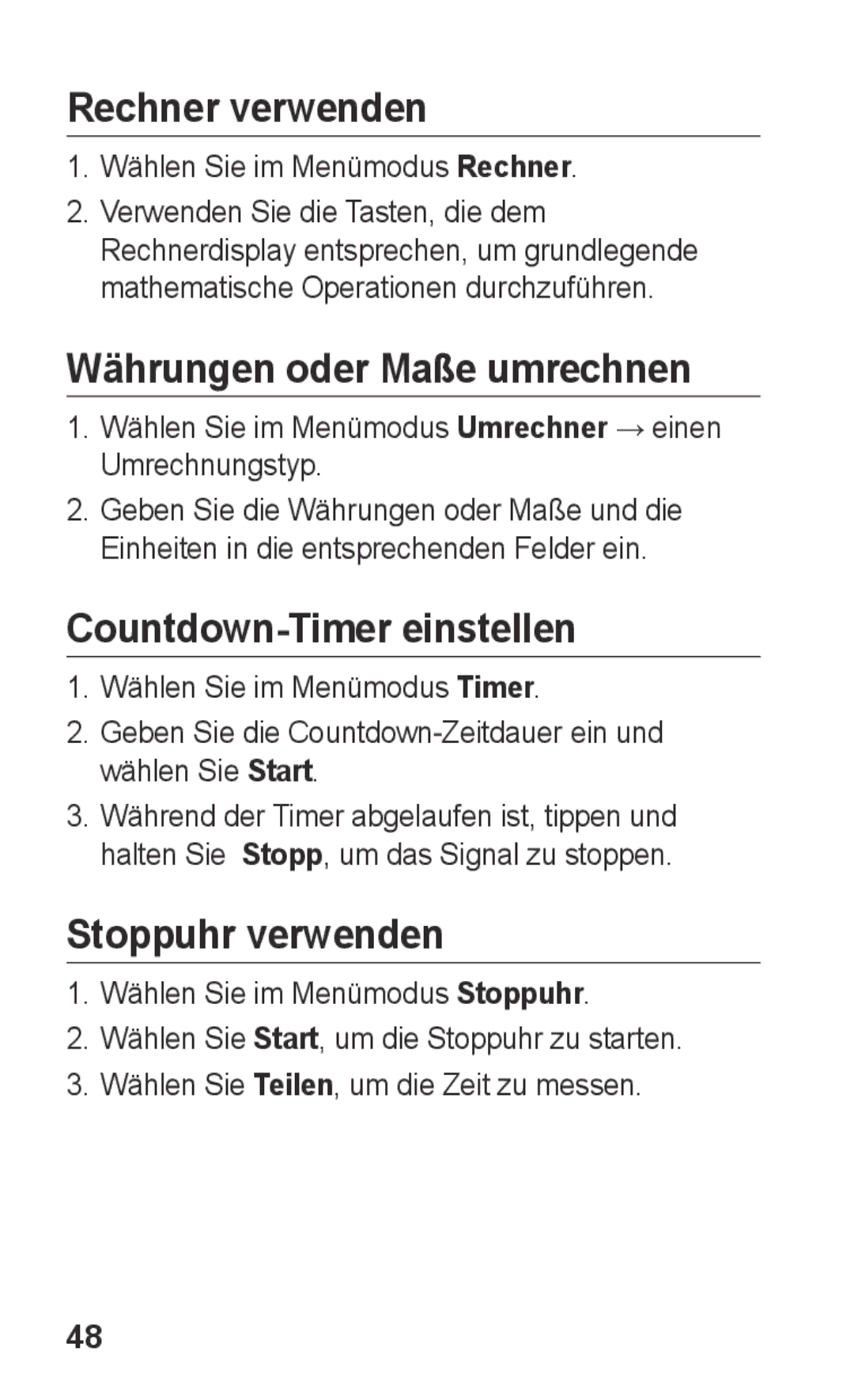 Samsung GT-C3300DKKVIT Rechner verwenden, Währungen oder Maße umrechnen, Countdown-Timer einstellen, Stoppuhr verwenden 