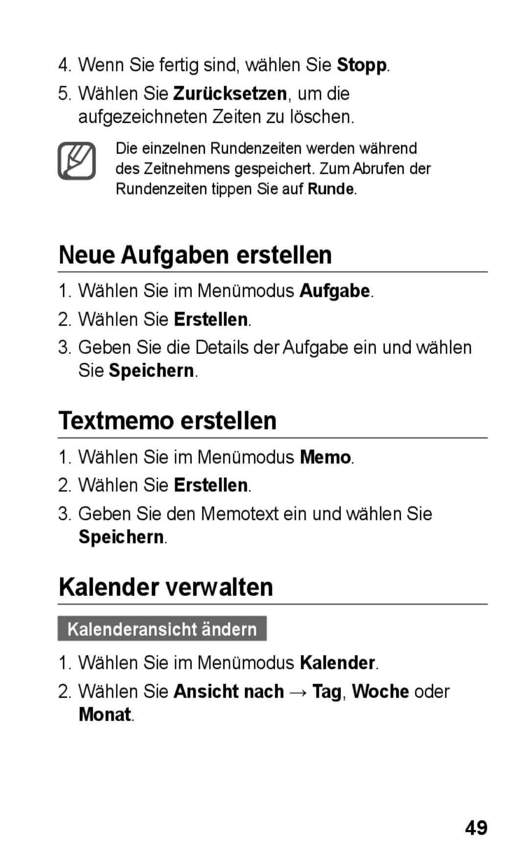 Samsung GT-C3300CWKVIA manual Neue Aufgaben erstellen, Textmemo erstellen, Kalender verwalten, Kalenderansicht ändern 