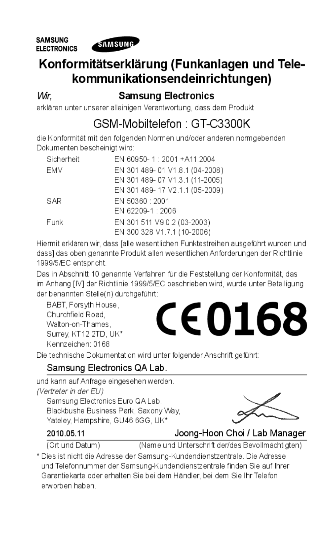 Samsung GT-C3300CIHATO, GT-C3300DKKXEG, GT-C3300DKKVD2, GT-C3300DKKDBT, GT-C3300CIHDBT manual GSM-Mobiltelefon GT-C3300K, Sar 