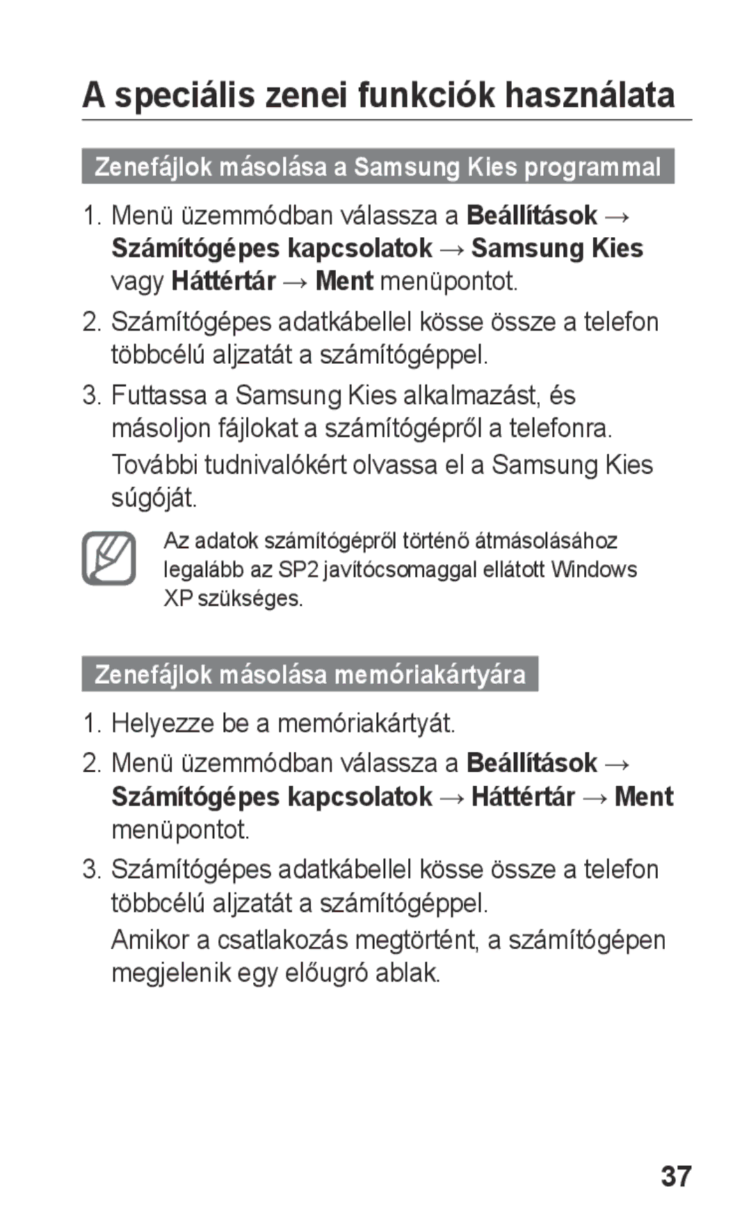 Samsung GT-C3300DKIVDH, GT-C3300ENIXEH manual Speciális zenei funkciók használata, Zenefájlok másolása memóriakártyára 