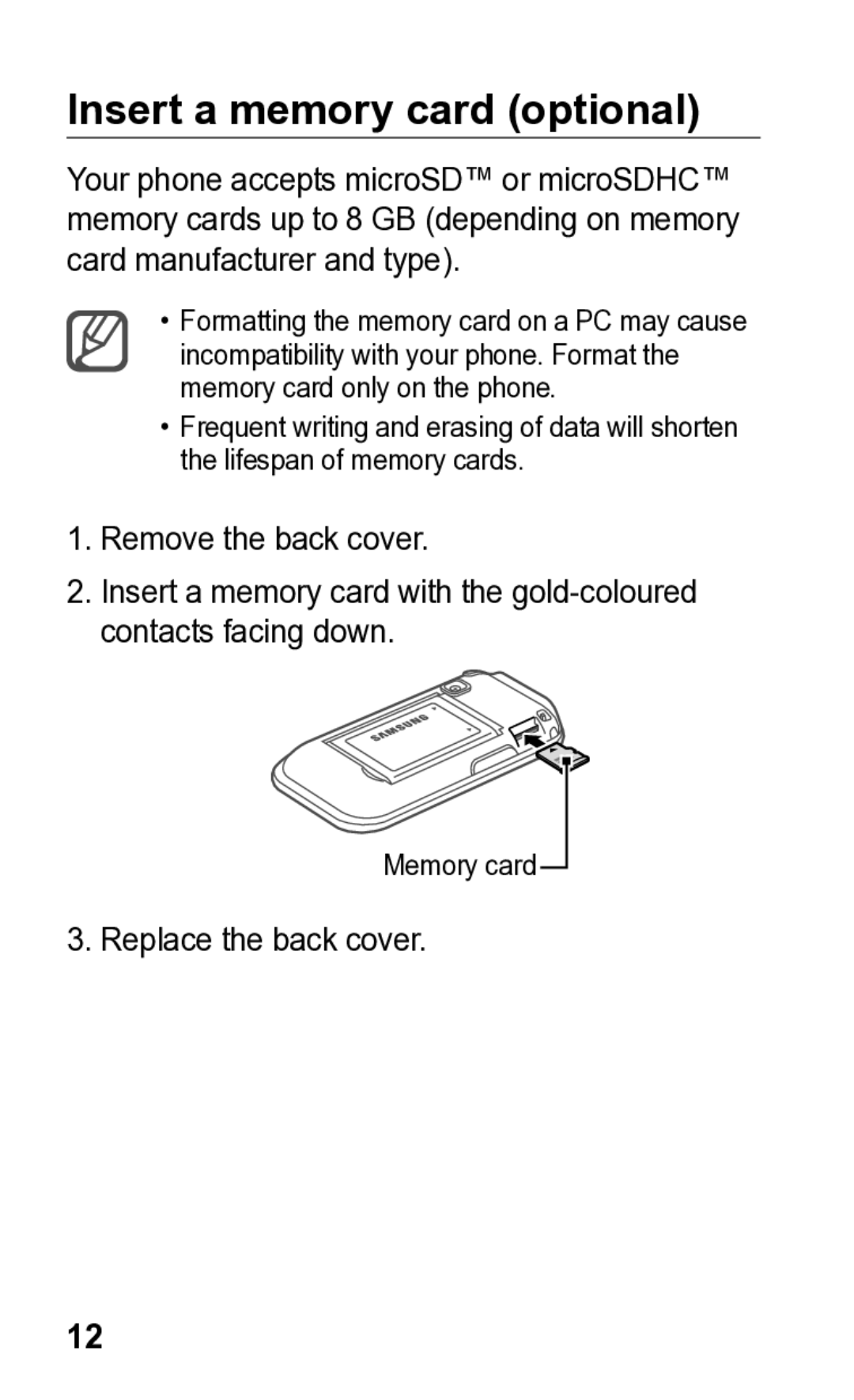 Samsung GT-C3300K manual Insert a memory card optional 