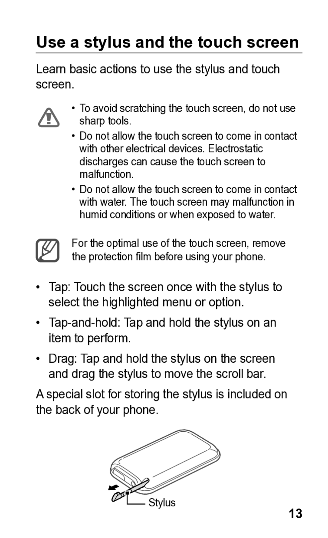 Samsung GT-C3300K manual Use a stylus and the touch screen, Learn basic actions to use the stylus and touch screen 