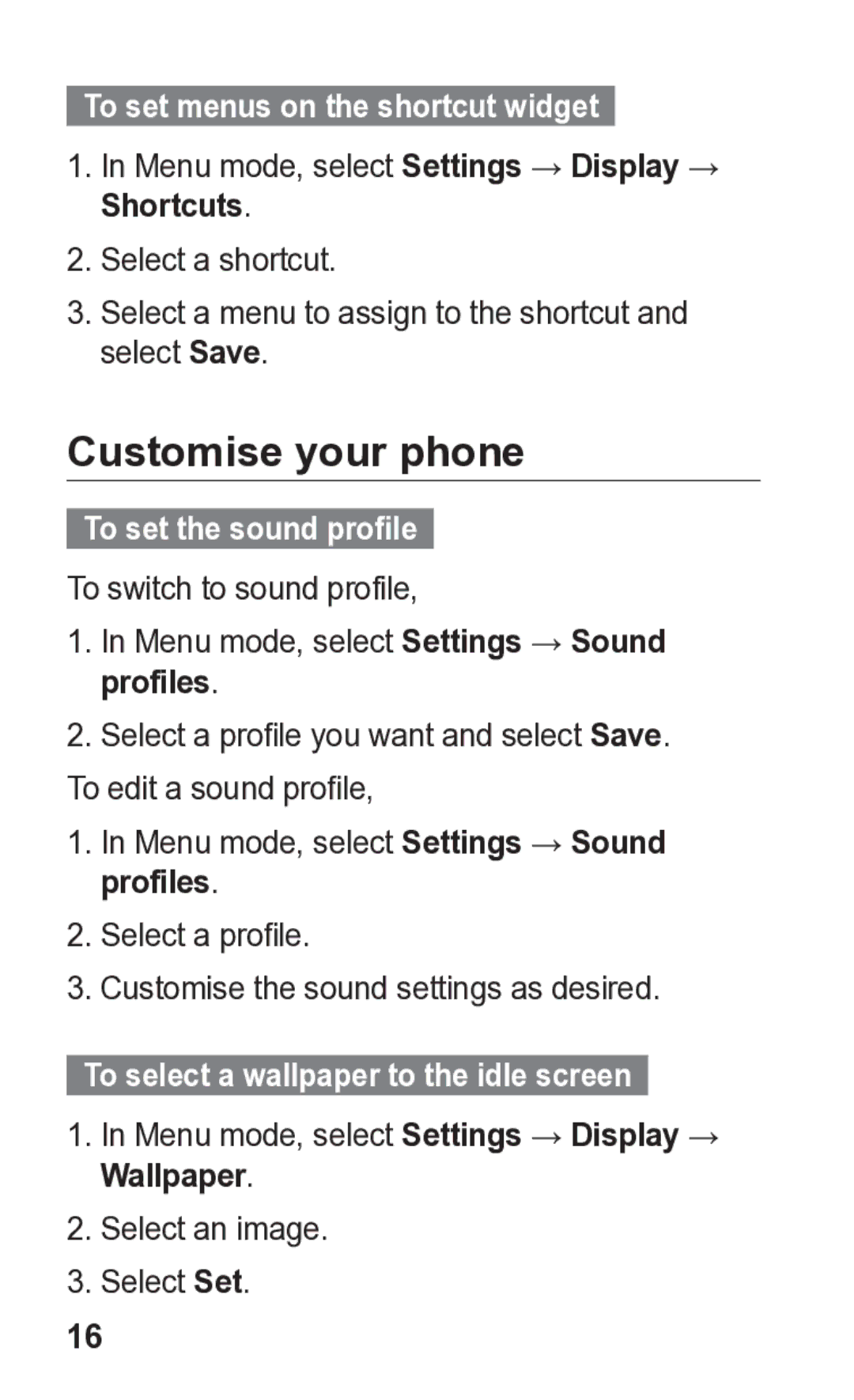 Samsung GT-C3300K manual Customise your phone, To set menus on the shortcut widget, To set the sound profile 