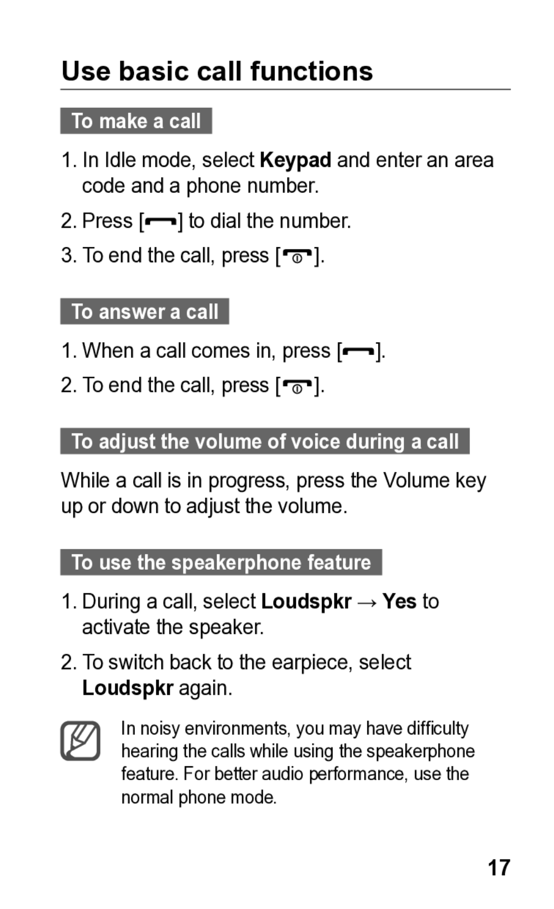 Samsung GT-C3300K manual Use basic call functions, To make a call, To use the speakerphone feature 