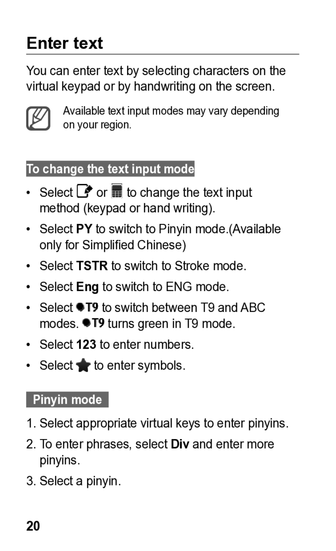 Samsung GT-C3300K manual Enter text, To change the text input mode, Pinyin mode 