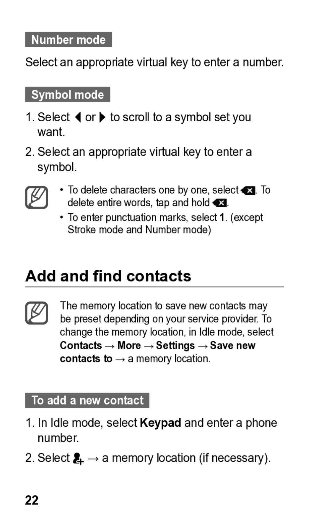 Samsung GT-C3300K manual Add and find contacts, Number mode, Symbol mode, To add a new contact 