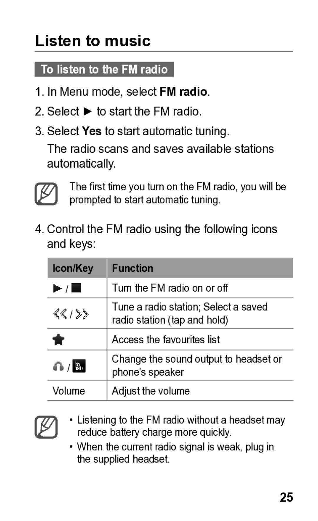 Samsung GT-C3300K manual Listen to music, To listen to the FM radio 