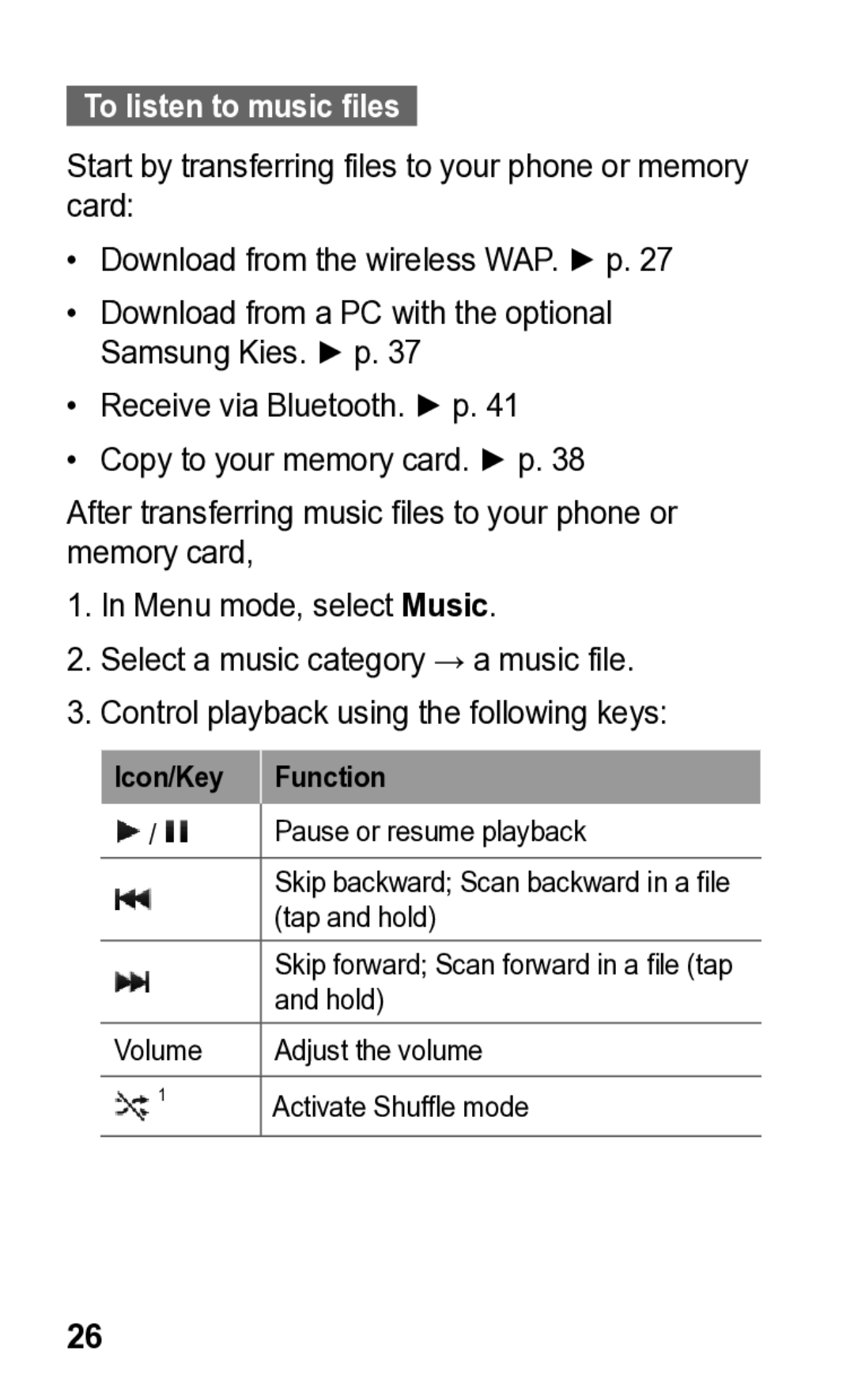 Samsung GT-C3300K manual To listen to music files 