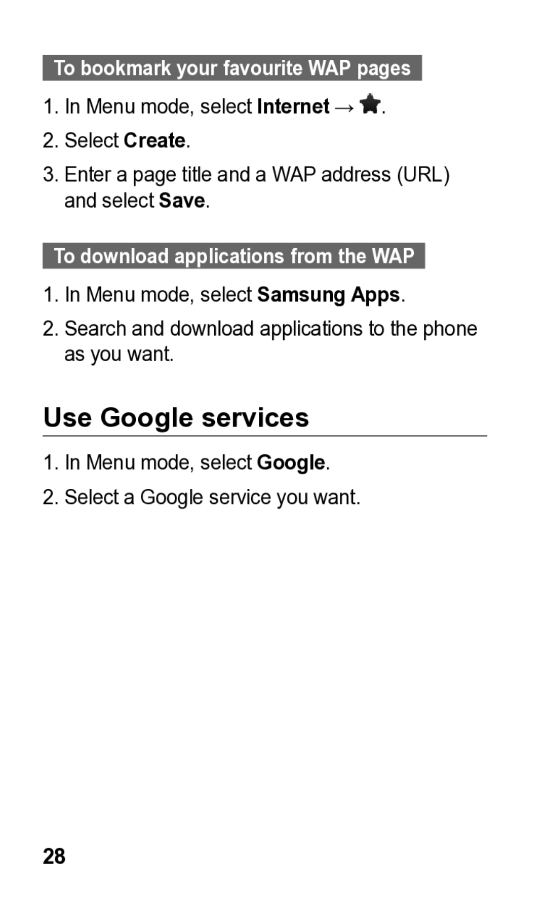 Samsung GT-C3300K manual Use Google services, To bookmark your favourite WAP pages, To download applications from the WAP 