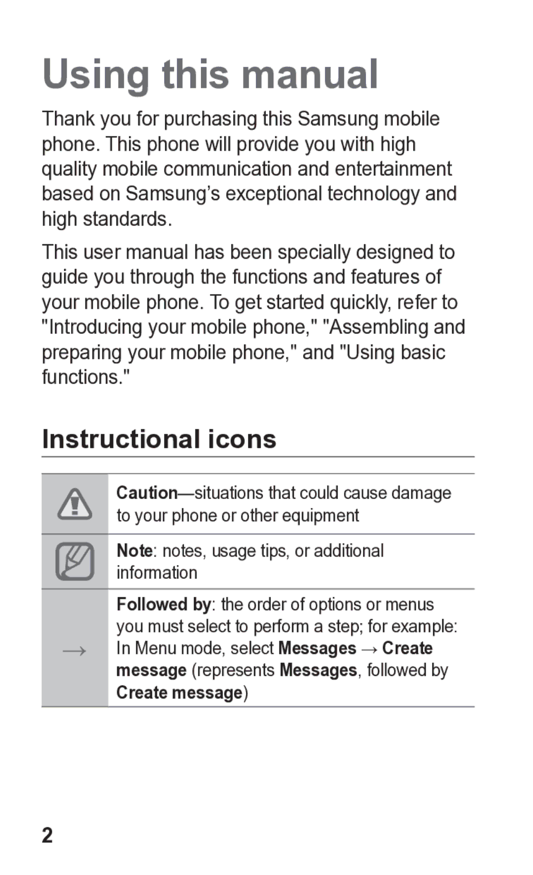 Samsung GT-C3300K Using this manual, Instructional icons 