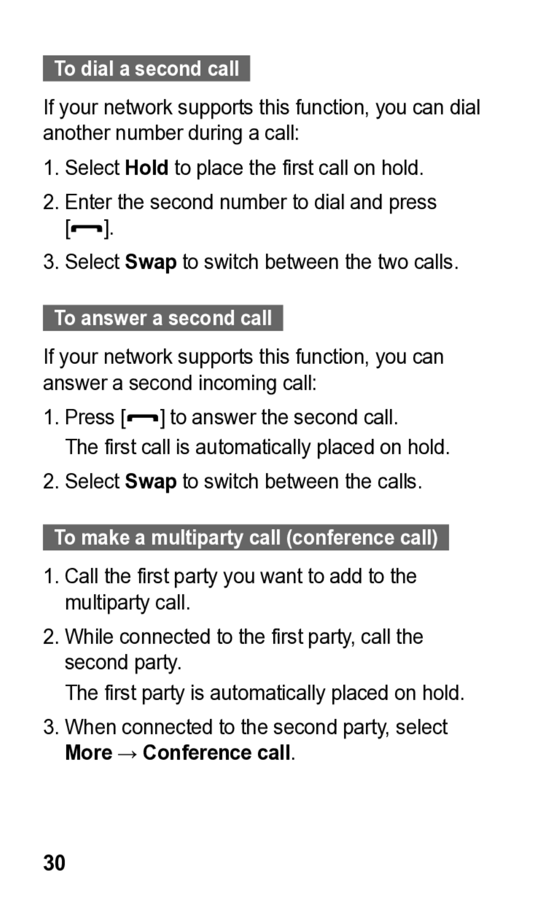 Samsung GT-C3300K manual To dial a second call, To answer a second call, To make a multiparty call conference call 