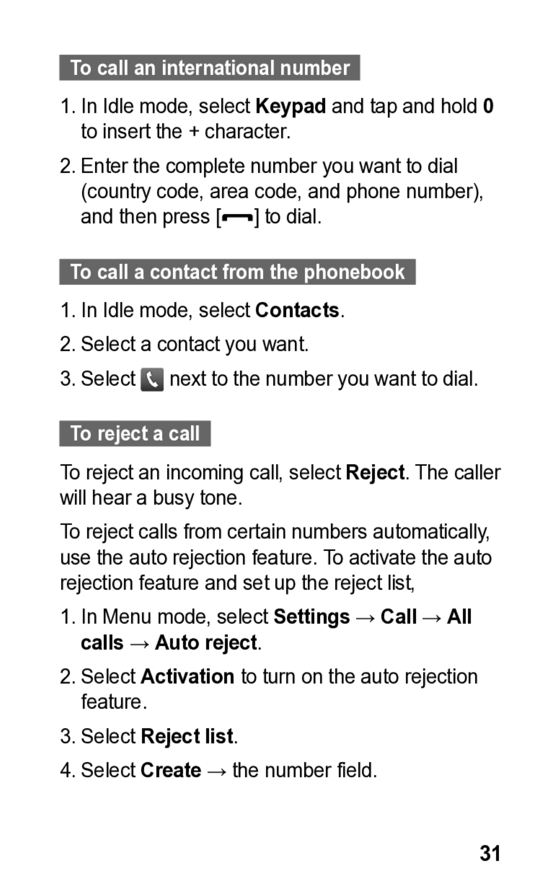 Samsung GT-C3300K manual To call an international number, To call a contact from the phonebook, To reject a call 