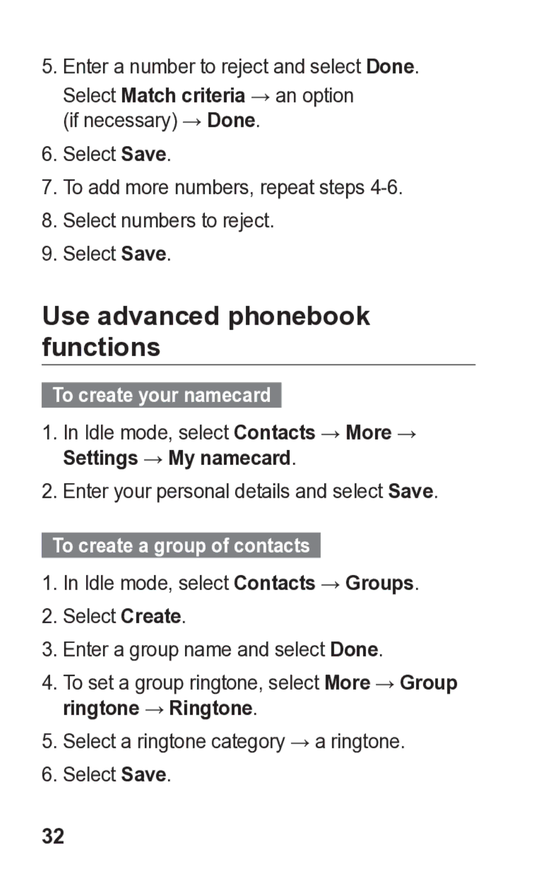 Samsung GT-C3300K manual Use advanced phonebook functions, Select Match criteria → an option if necessary → Done 