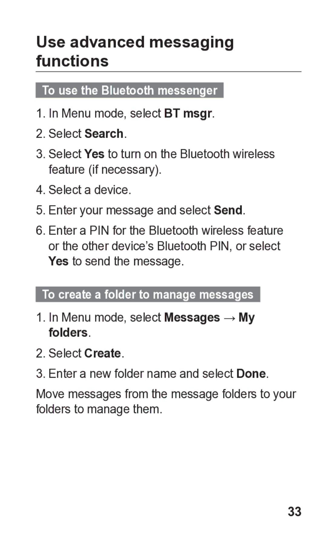 Samsung GT-C3300K Use advanced messaging functions, To use the Bluetooth messenger, To create a folder to manage messages 