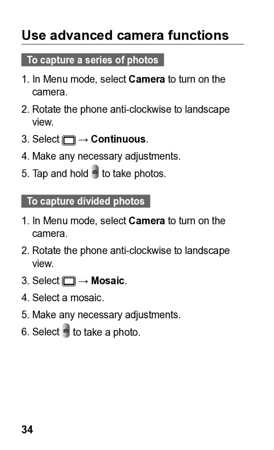 Samsung GT-C3300K manual Use advanced camera functions, To capture a series of photos, To capture divided photos 