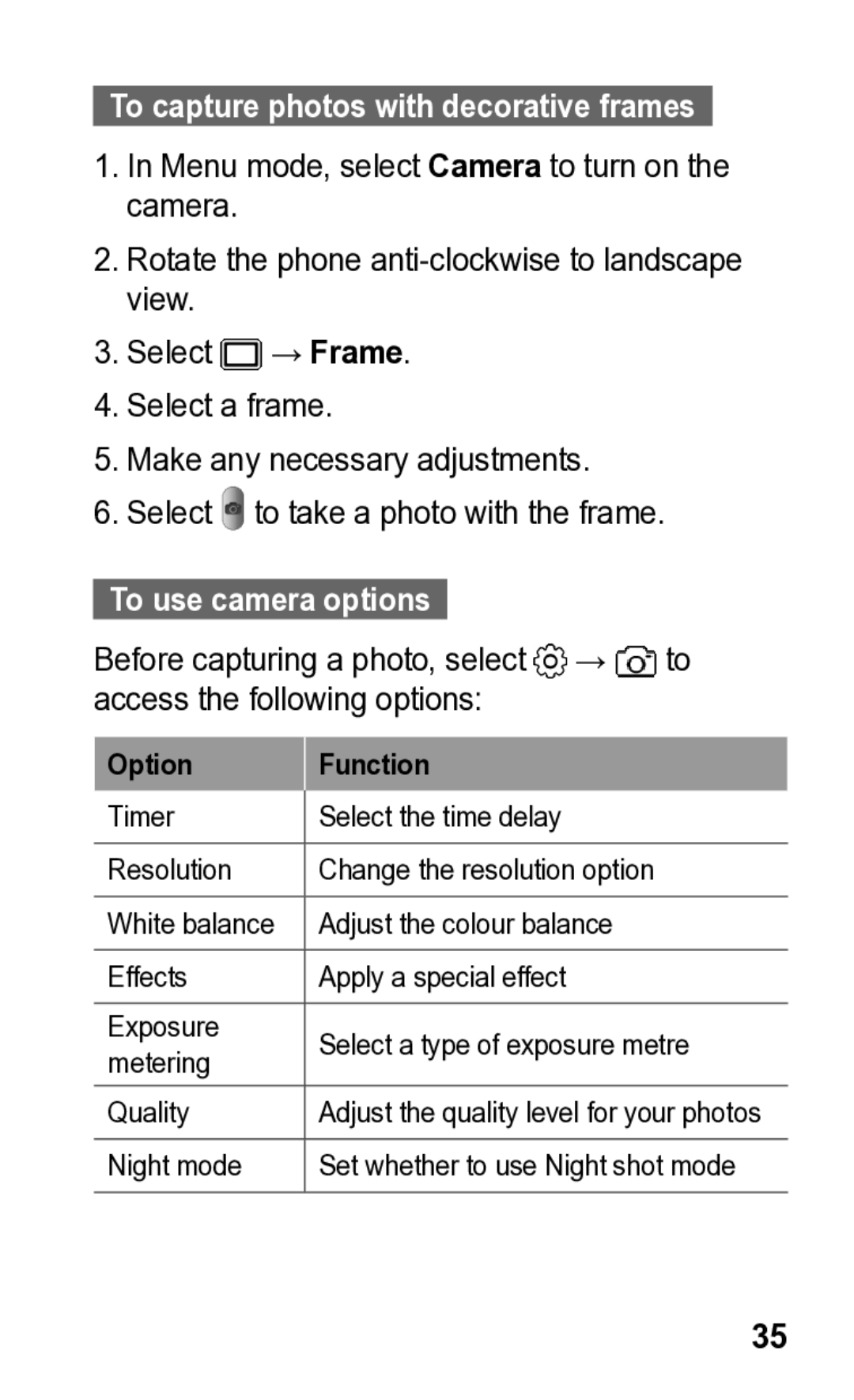 Samsung GT-C3300K manual To capture photos with decorative frames, To use camera options 