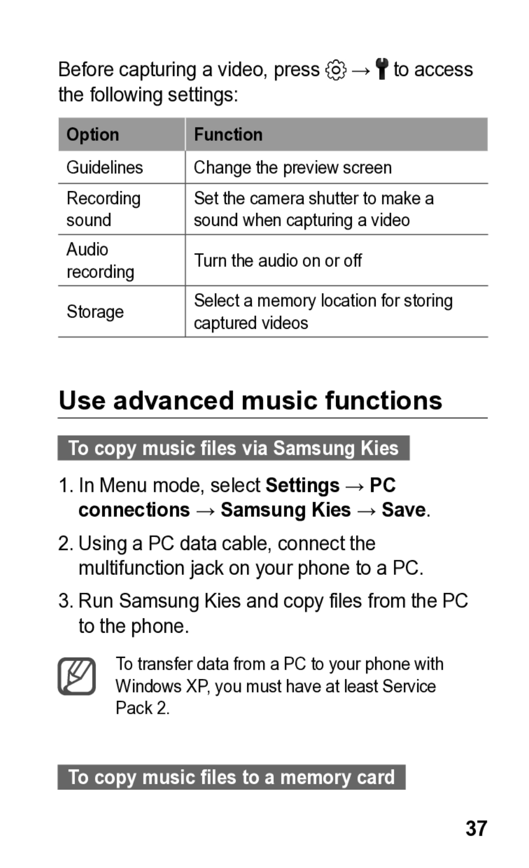 Samsung GT-C3300K Use advanced music functions, To copy music files via Samsung Kies, To copy music files to a memory card 