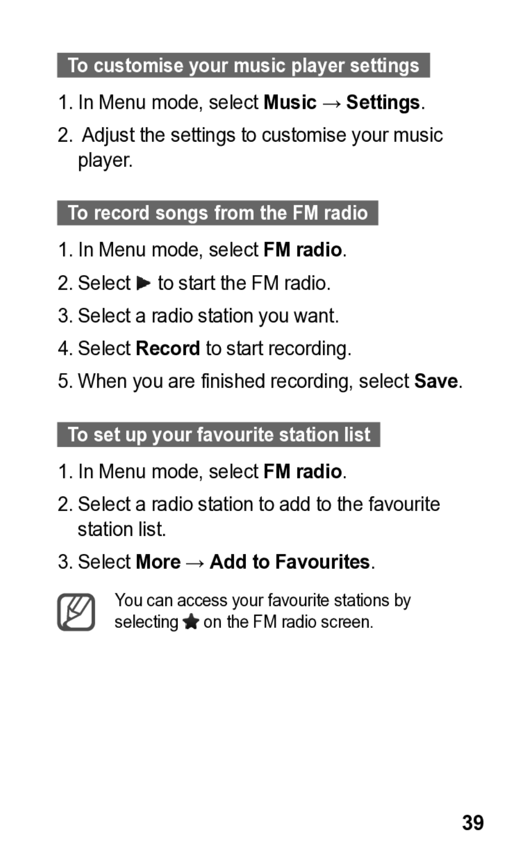 Samsung GT-C3300K manual To customise your music player settings, To record songs from the FM radio 