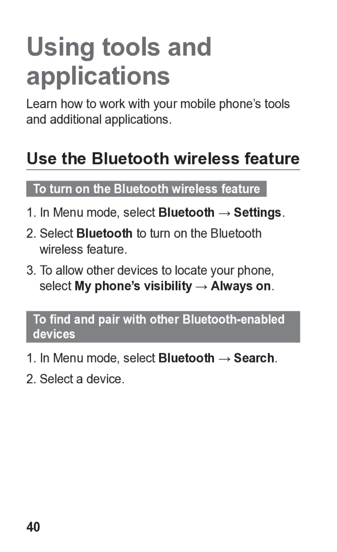 Samsung GT-C3300K manual Use the Bluetooth wireless feature, To turn on the Bluetooth wireless feature 