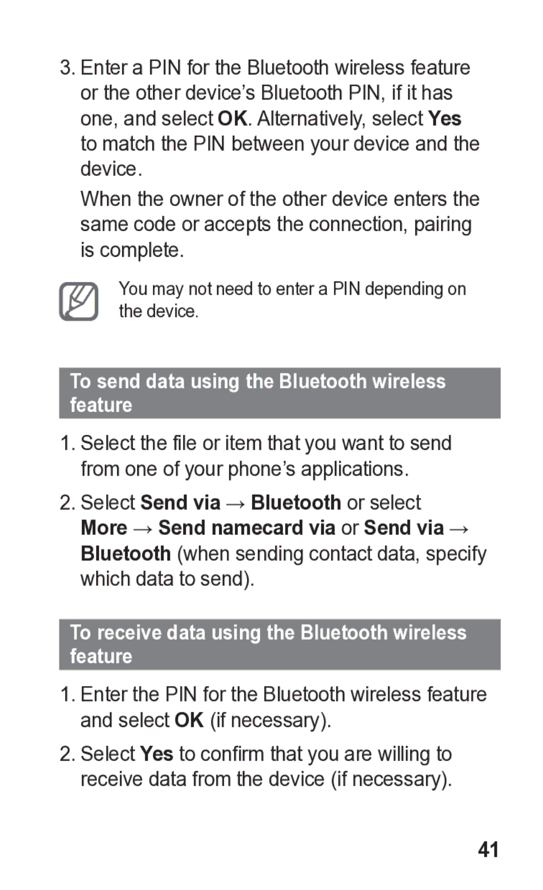 Samsung GT-C3300K To send data using the Bluetooth wireless feature, To receive data using the Bluetooth wireless feature 