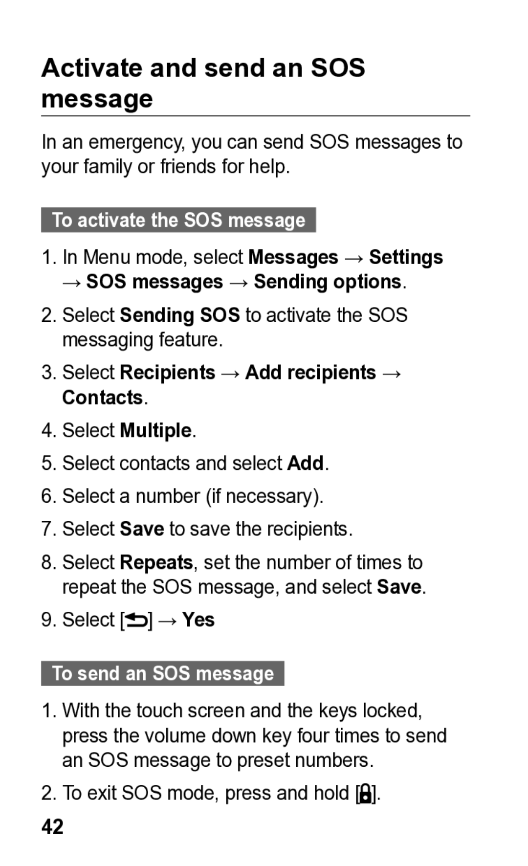 Samsung GT-C3300K manual Activate and send an SOS message, To activate the SOS message, → SOS messages → Sending options 