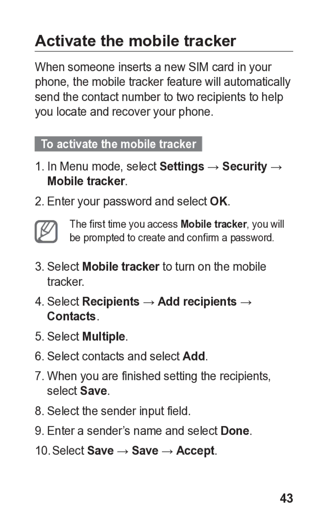 Samsung GT-C3300K manual Activate the mobile tracker, To activate the mobile tracker, Select Save → Save → Accept 