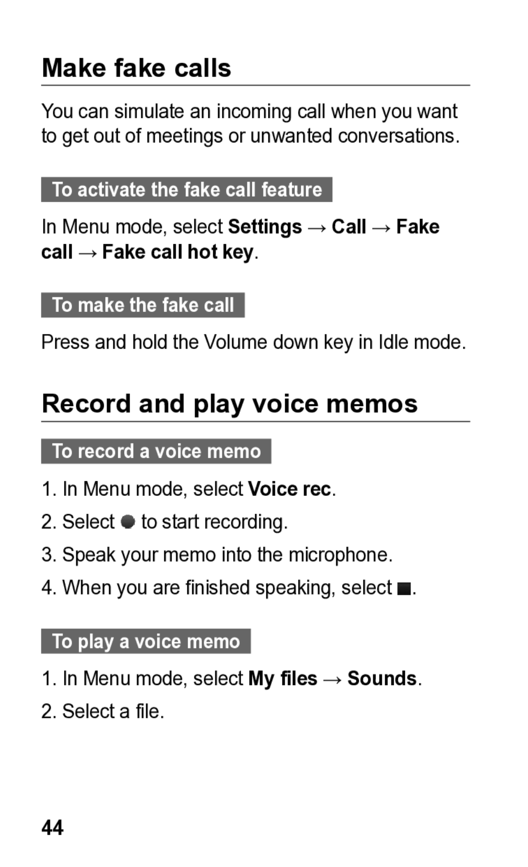 Samsung GT-C3300K manual Make fake calls, Record and play voice memos 