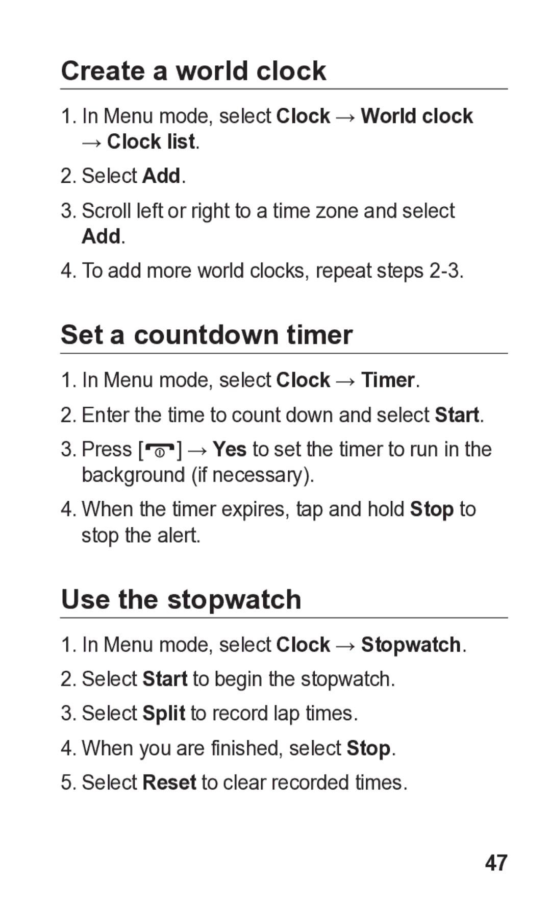 Samsung GT-C3300K manual Create a world clock, Set a countdown timer, Use the stopwatch, → Clock list 