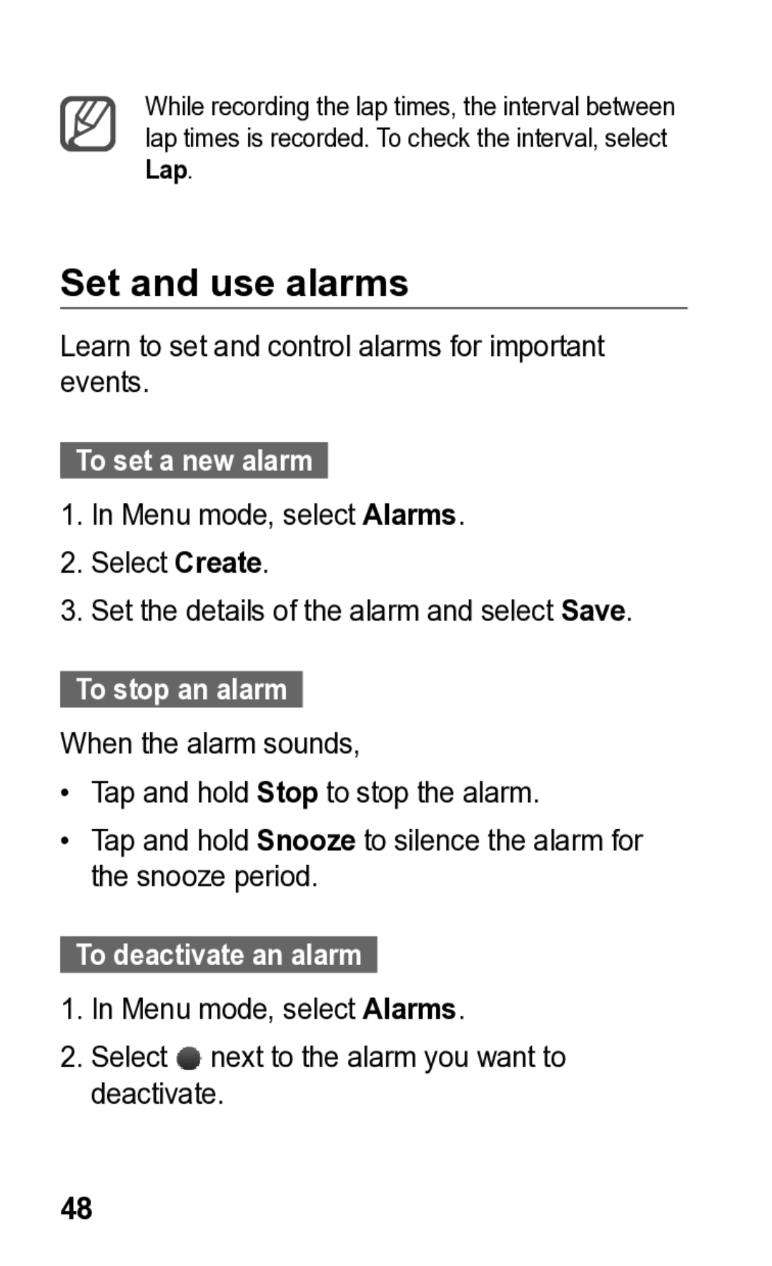 Samsung GT-C3300K manual Set and use alarms, To set a new alarm, To stop an alarm, To deactivate an alarm 