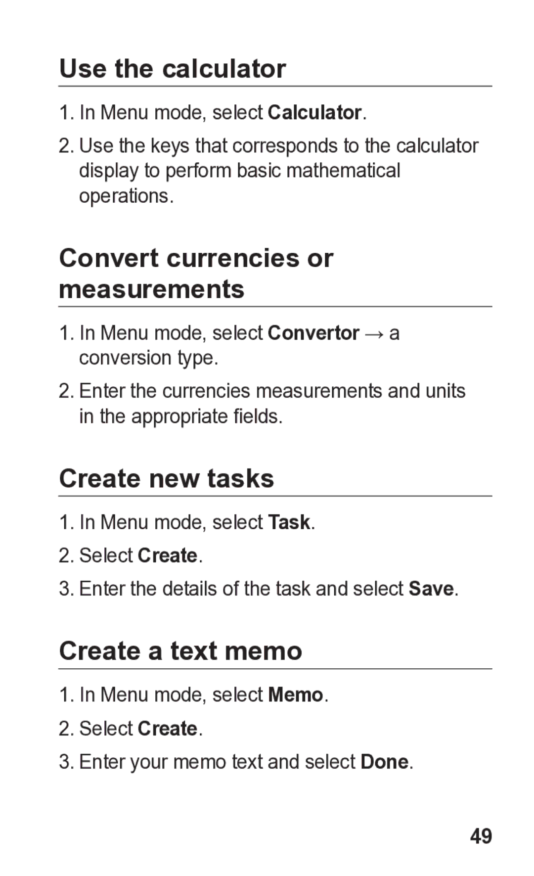 Samsung GT-C3300K manual Use the calculator, Convert currencies or measurements, Create new tasks, Create a text memo 