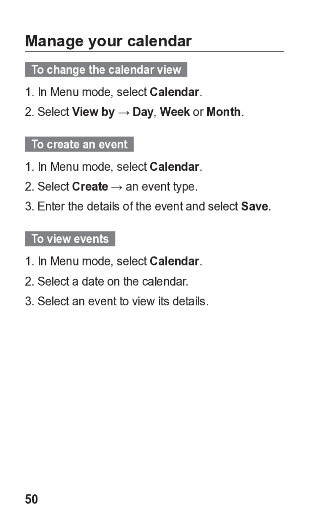 Samsung GT-C3300K Manage your calendar, To change the calendar view, Select View by → Day, Week or Month, To view events 