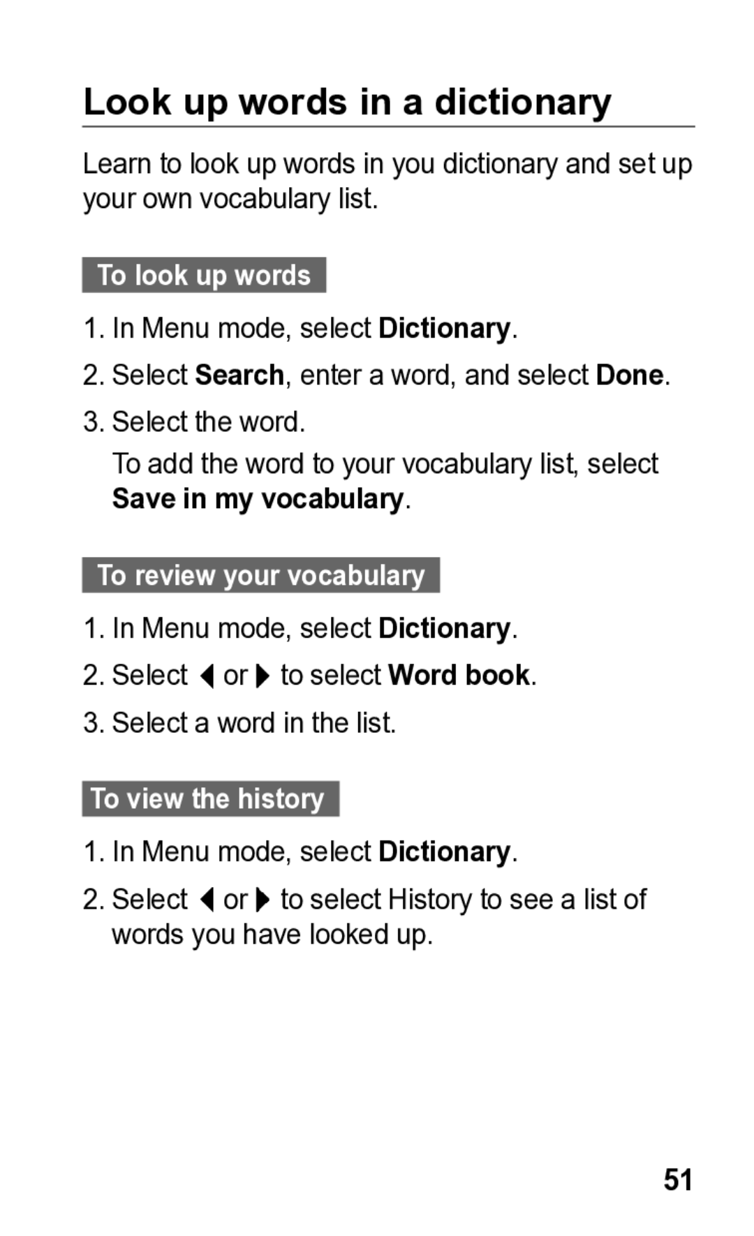 Samsung GT-C3300K manual Look up words in a dictionary, To look up words, To review your vocabulary,  To view the history 