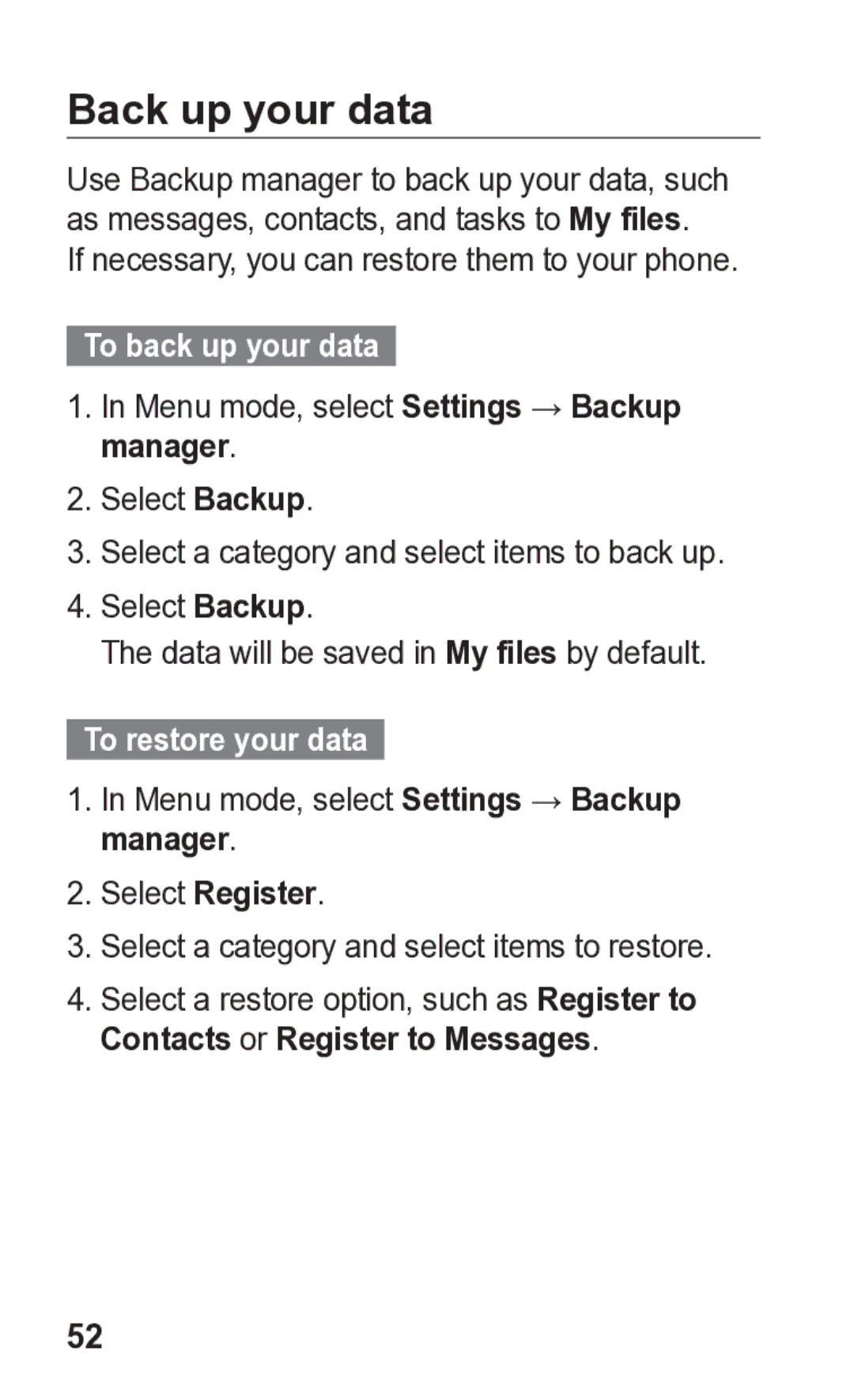 Samsung GT-C3300K manual Back up your data, To back up your data, To restore your data 