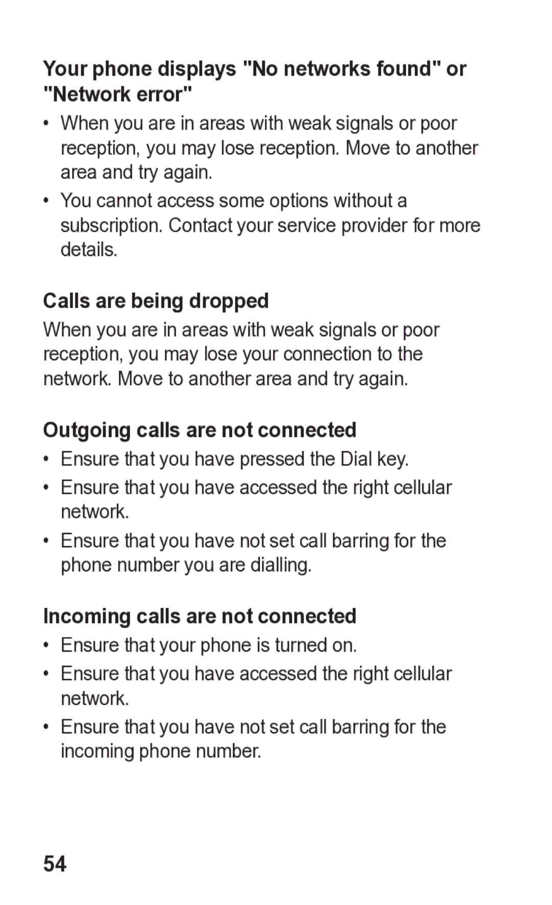 Samsung GT-C3300K manual Your phone displays No networks found or Network error, Calls are being dropped 