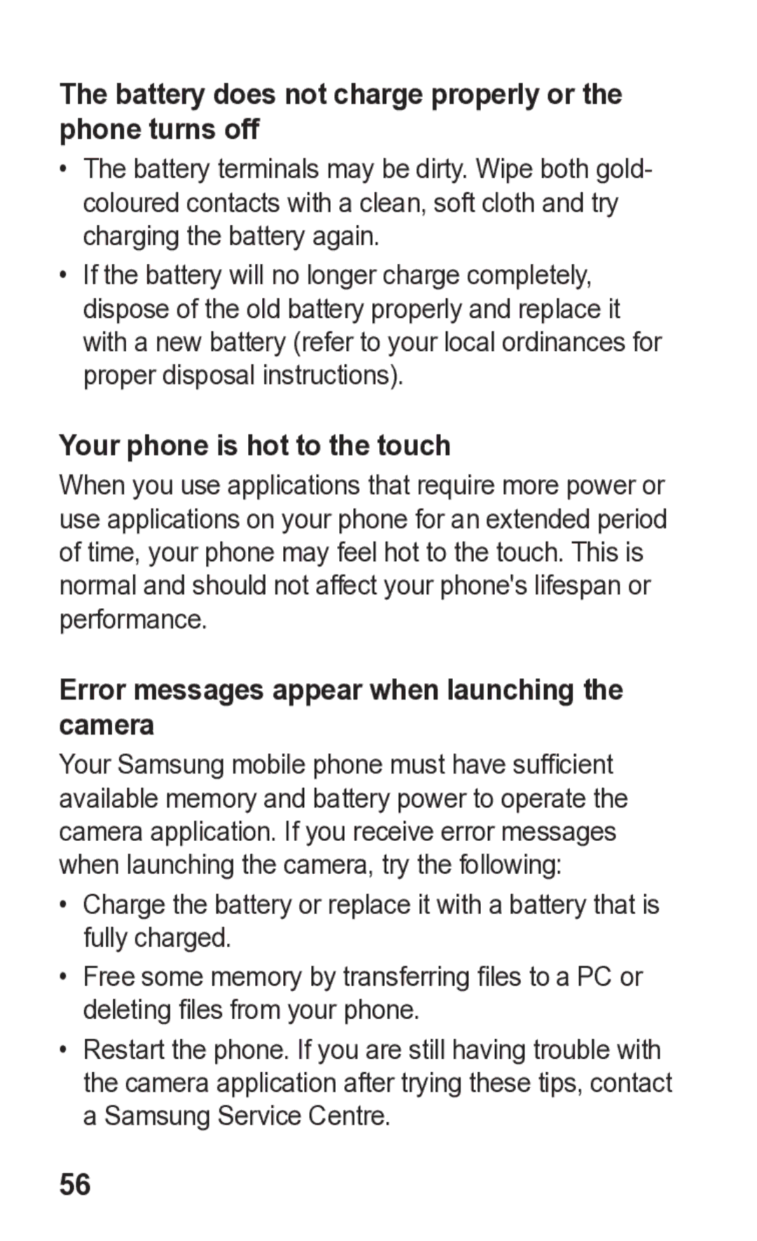 Samsung GT-C3300K manual Battery does not charge properly or the phone turns off, Your phone is hot to the touch 