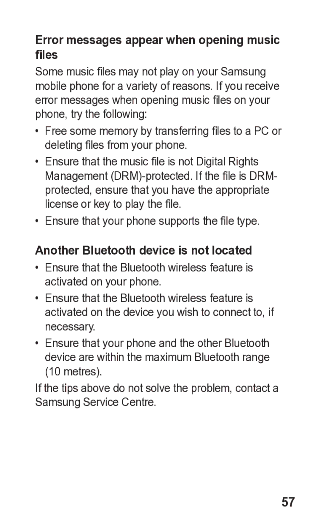 Samsung GT-C3300K manual Error messages appear when opening music files, Another Bluetooth device is not located 