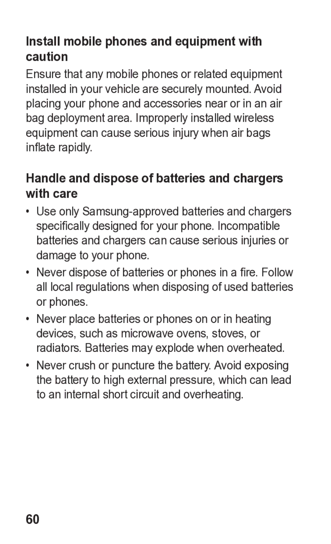 Samsung GT-C3300K Install mobile phones and equipment with caution, Handle and dispose of batteries and chargers with care 