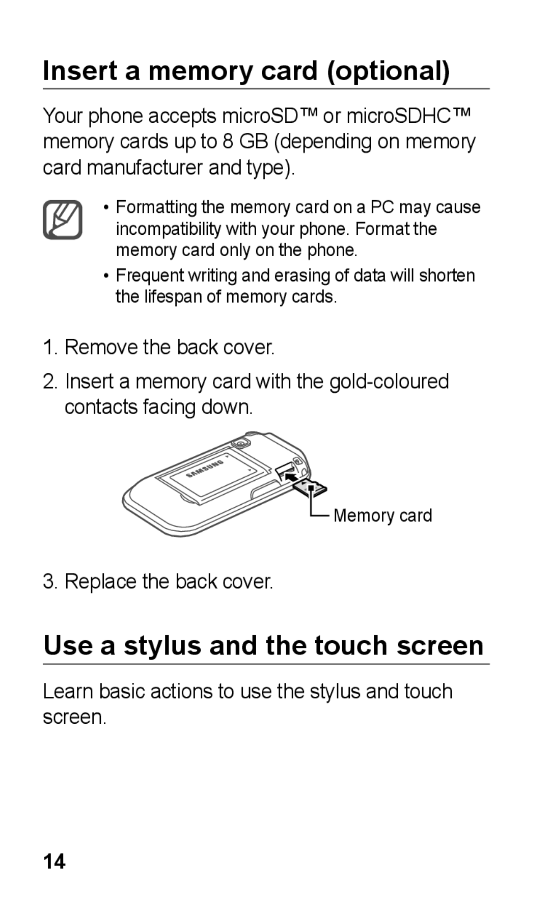 Samsung GT-C3300CIIXEZ, GT-C3300SIIGBL, GT-C3300SIIVVT Insert a memory card optional, Use a stylus and the touch screen 