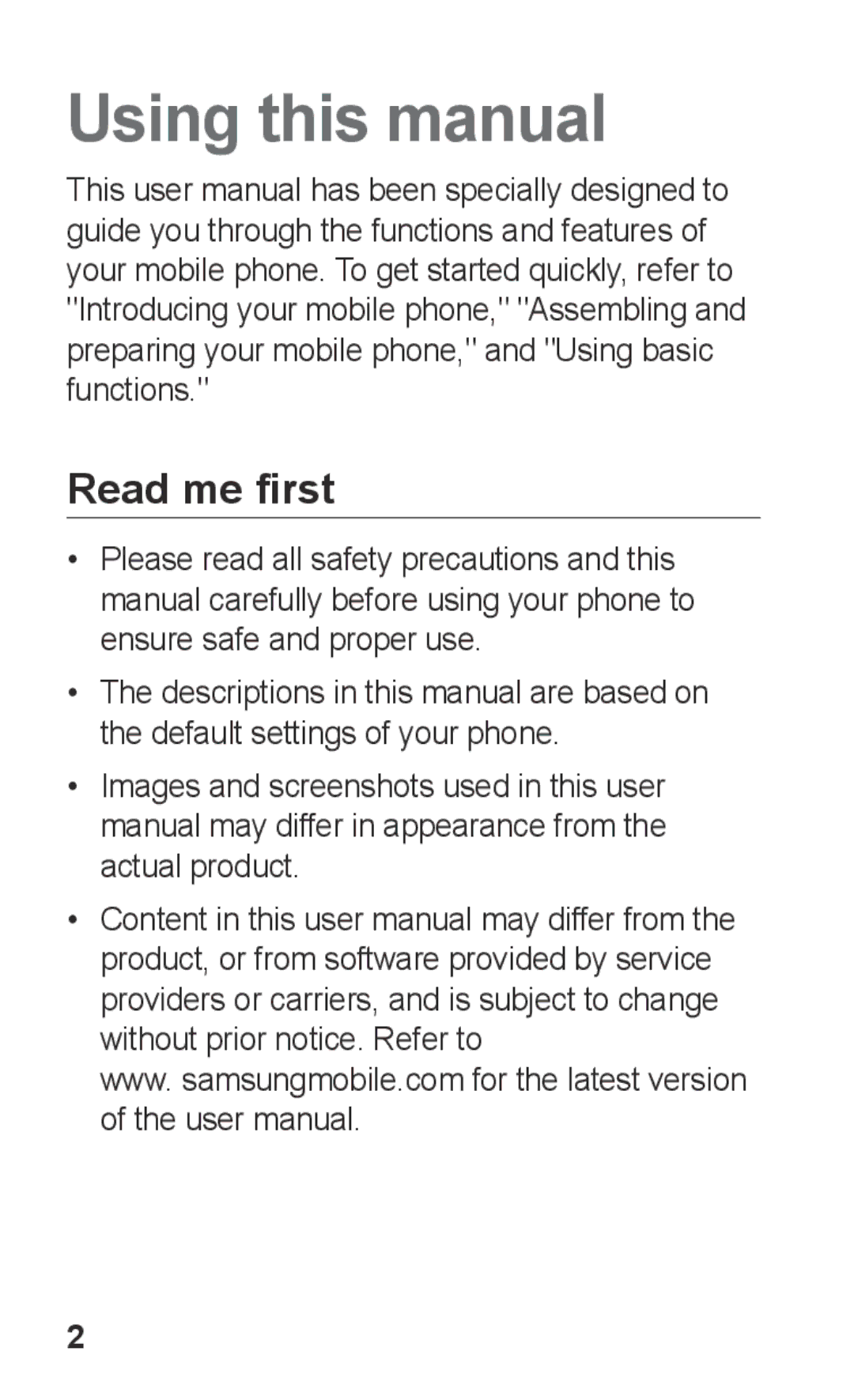 Samsung GT-C3300DKIVVT, GT-C3300SIIGBL, GT-C3300SIIVVT, GT-C3300DKIMTL, GT-C3300DKIGBL Using this manual, Read me first 