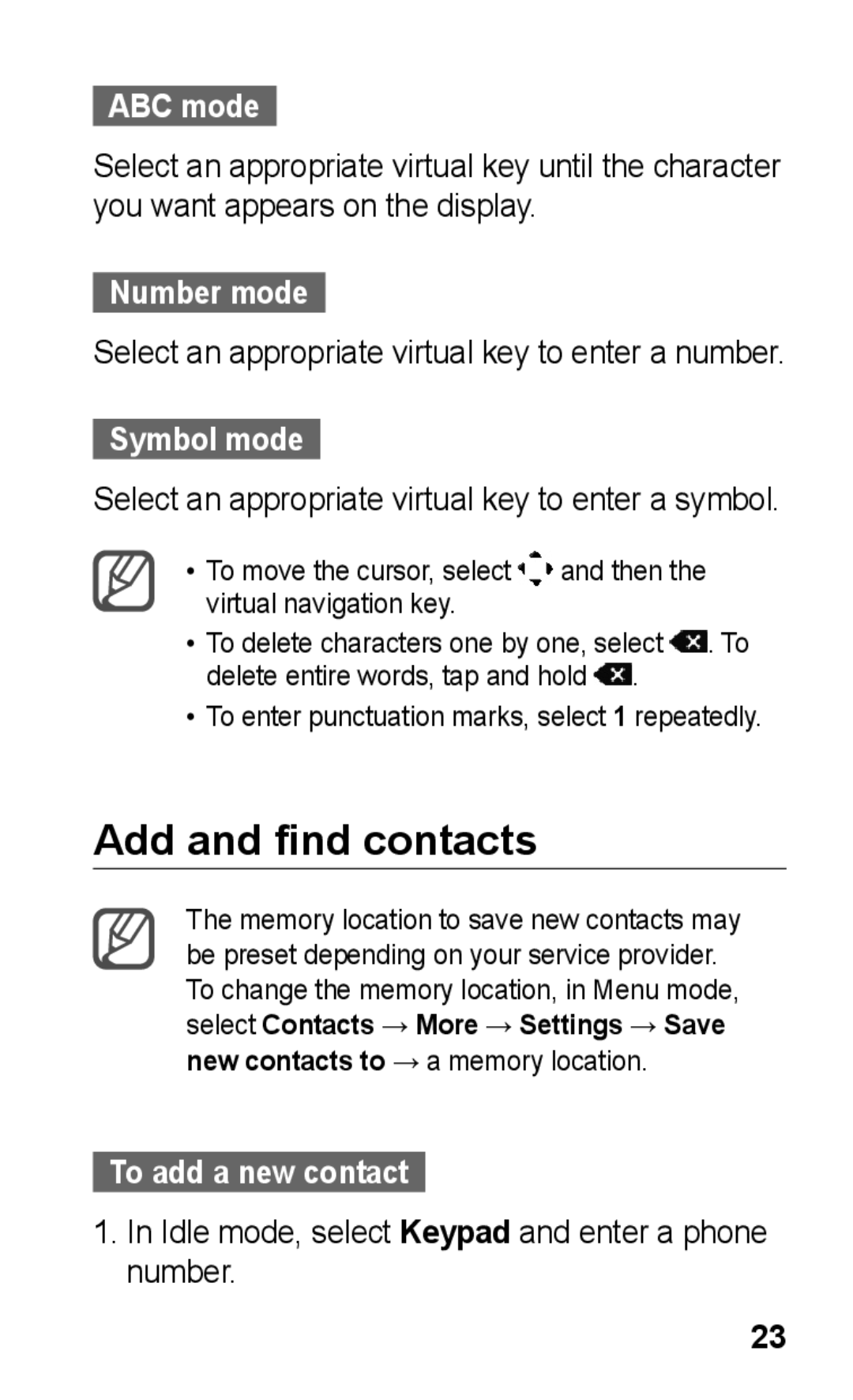 Samsung GT-C3300DKIEUR, GT-C3300SIIGBL Add and find contacts, ABC mode, Number mode, Symbol mode, To add a new contact 