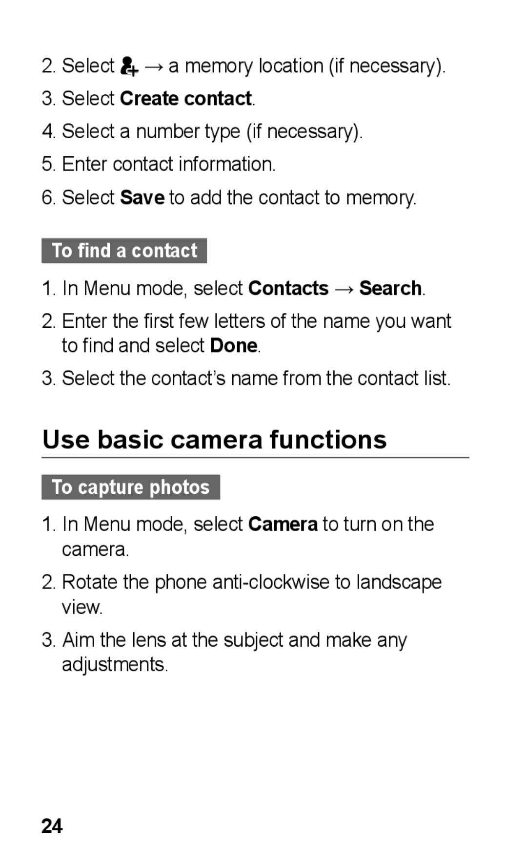 Samsung GT-C3300SIIVGR manual Use basic camera functions, Select Create contact, To find a contact, To capture photos 