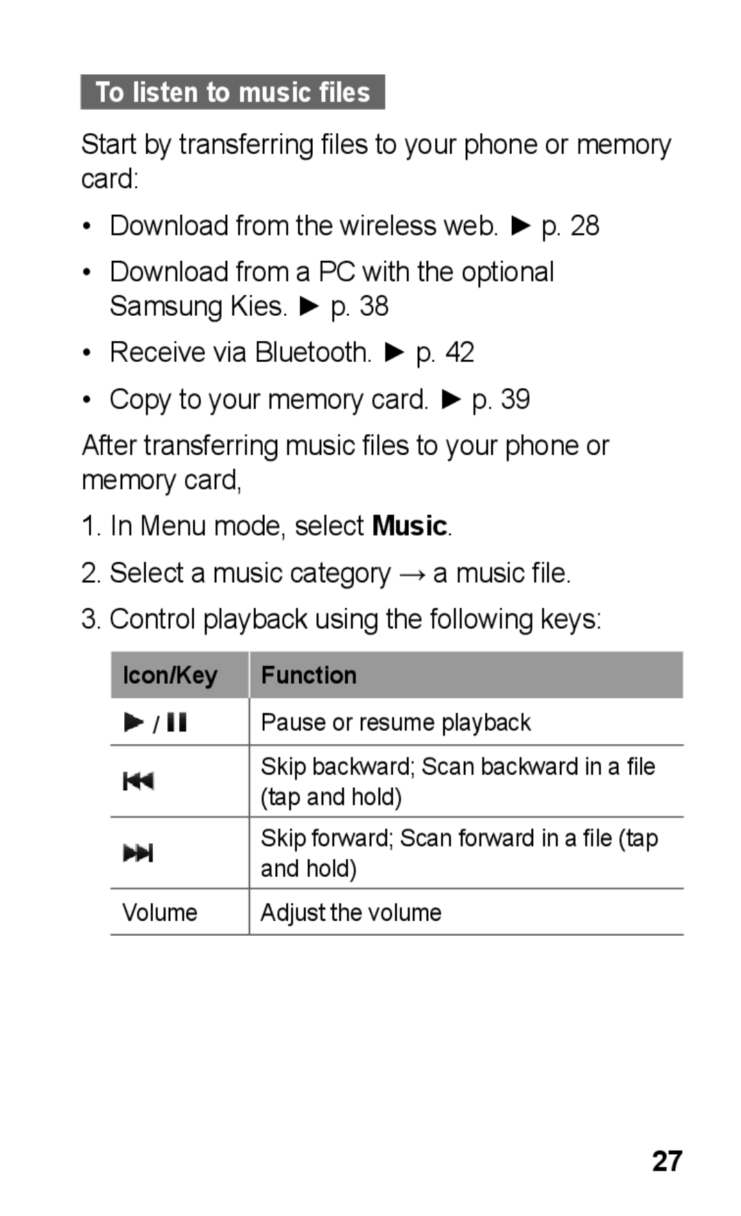 Samsung GT-C3300CWICOS, GT-C3300SIIGBL, GT-C3300SIIVVT, GT-C3300DKIVVT, GT-C3300DKIMTL manual To listen to music files 