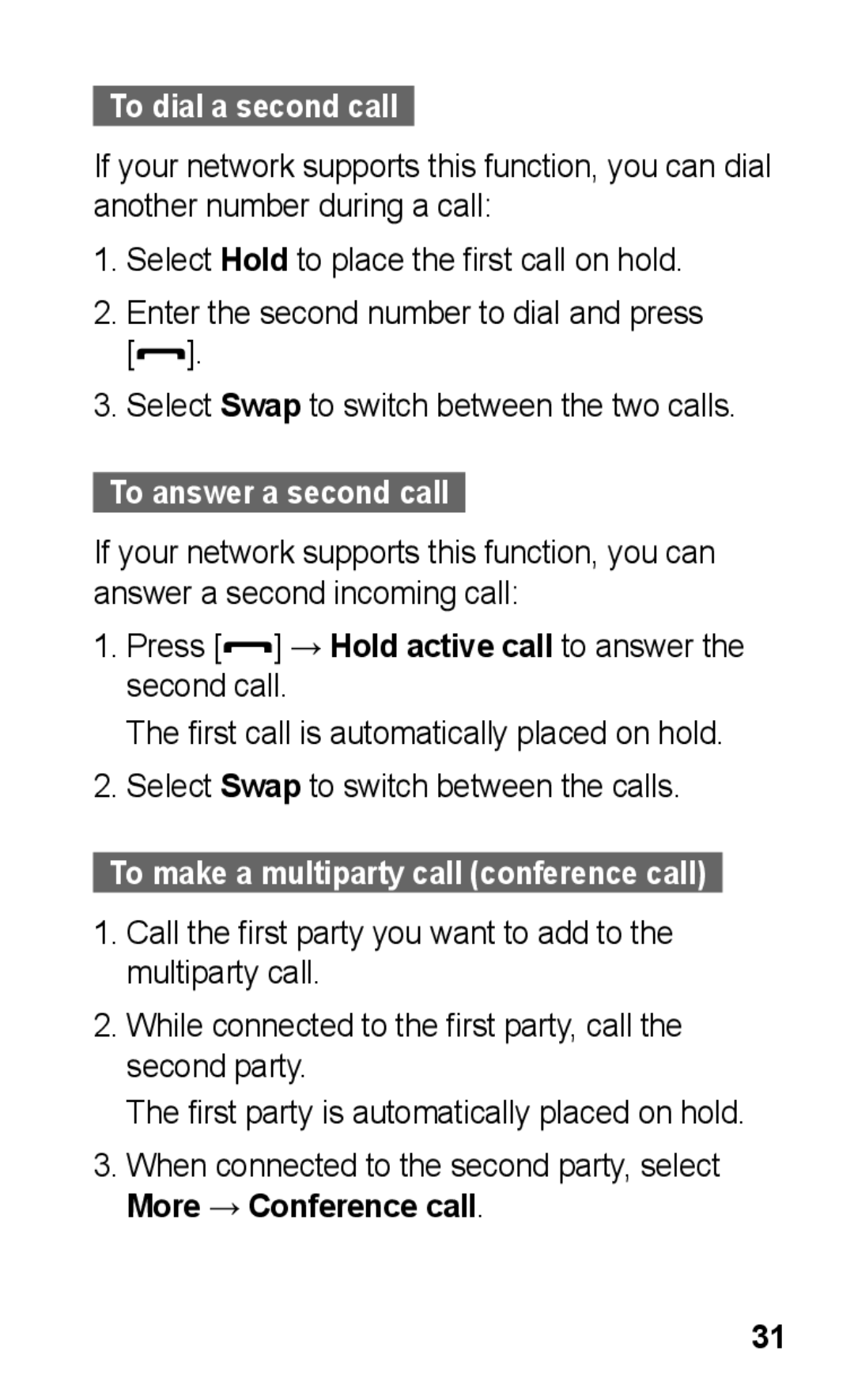 Samsung GT-C3300ENIXEH, GT-C3300SIIGBL manual To dial a second call, To answer a second call, More → Conference call 