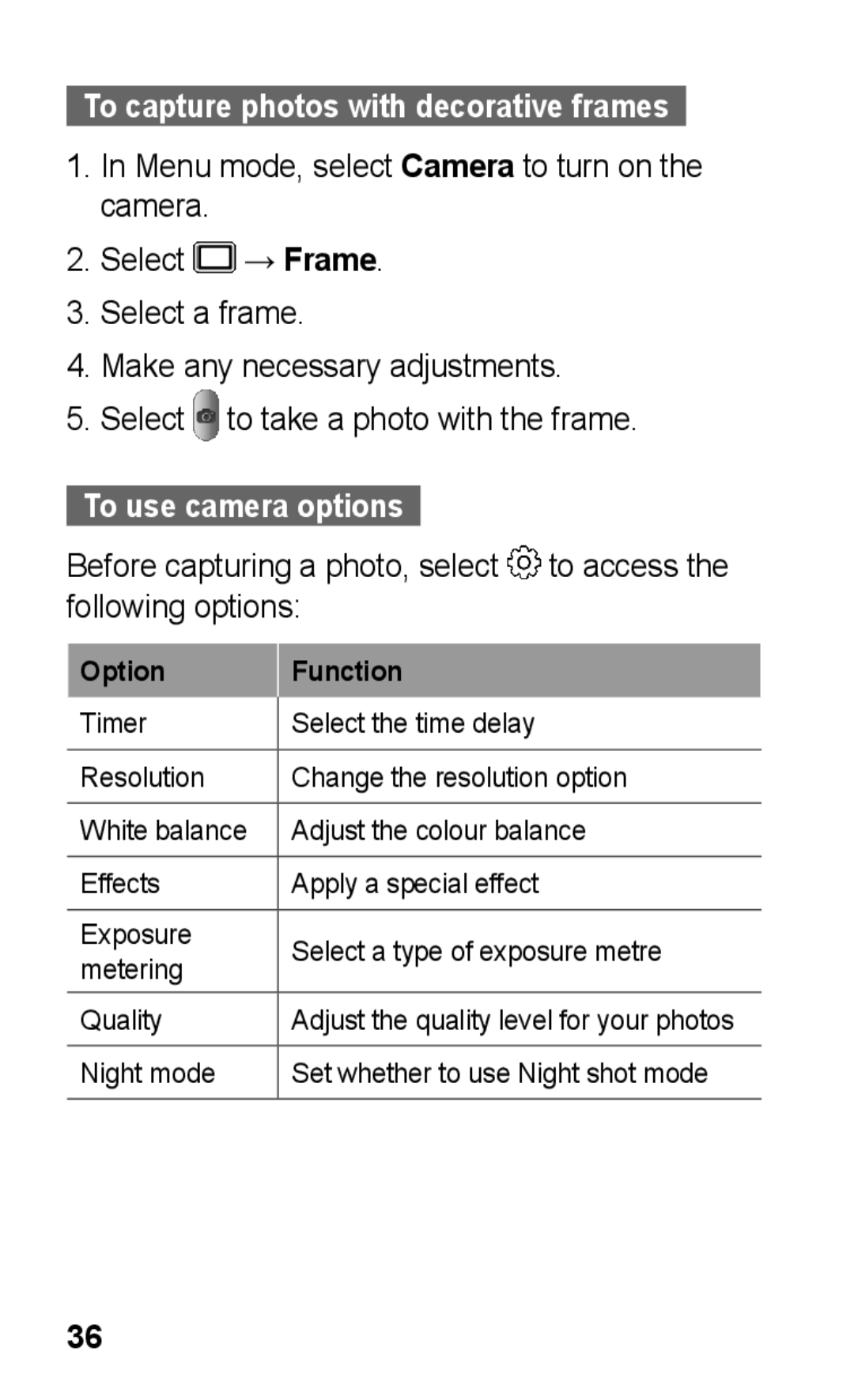 Samsung GT-C3300SIIXEH, GT-C3300SIIGBL, GT-C3300SIIVVT, GT-C3300DKIVVT, GT-C3300DKIMTL To use camera options, Option Function 