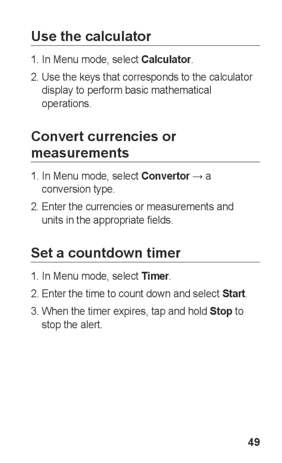 Samsung GT-C3300DKIMTS, GT-C3300SIIGBL manual Use the calculator, Convert currencies or measurements, Set a countdown timer 