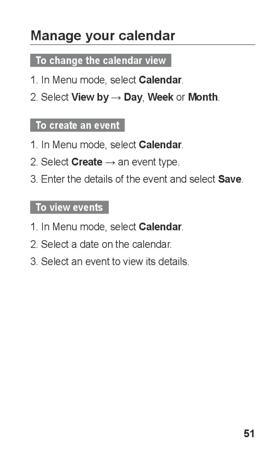 Samsung GT-C3300SIISER manual Manage your calendar, To change the calendar view, Select View by → Day, Week or Month 